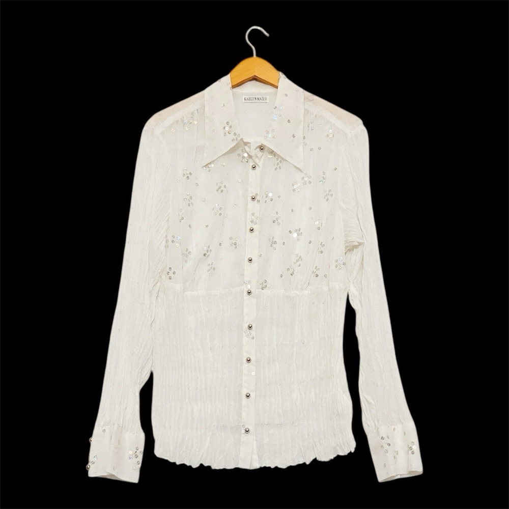 Kaelyn Max II Womens 2X Top Sequined Crinkle White Long Sleeve Fairy Retro NEW